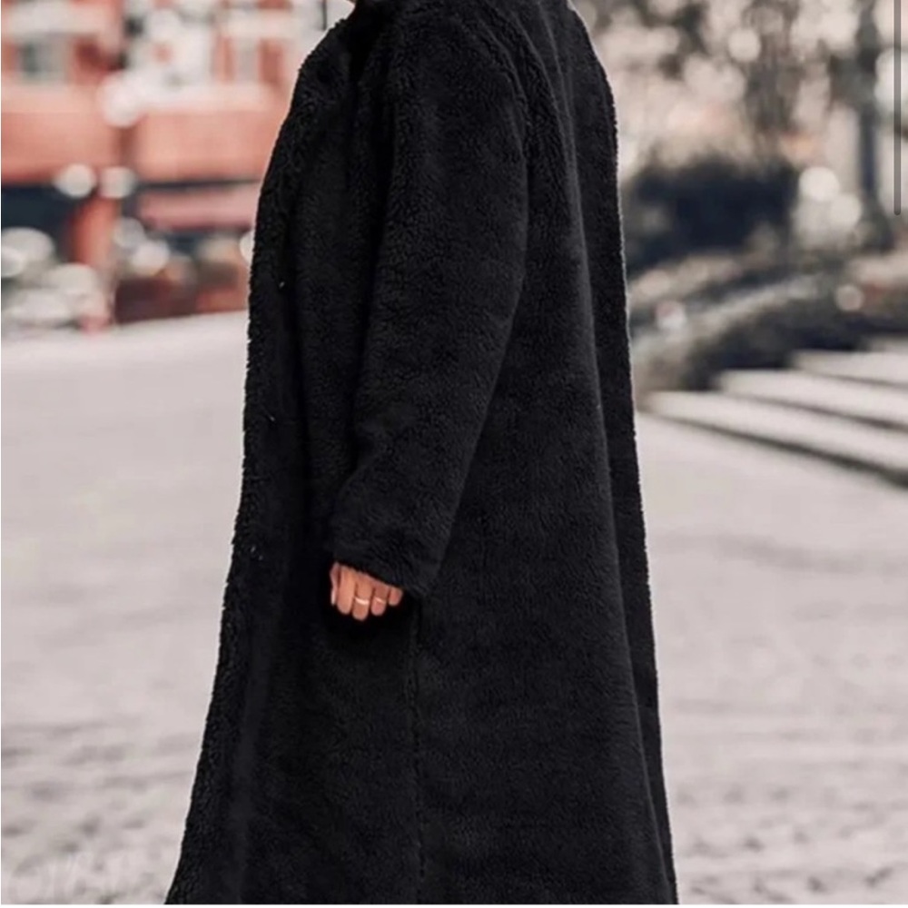 52 Black Sherpa Long Pocket Lined Cozy Chic Warm Thick Plush Teddy Faux Fur Coat - Picture 5 of 7